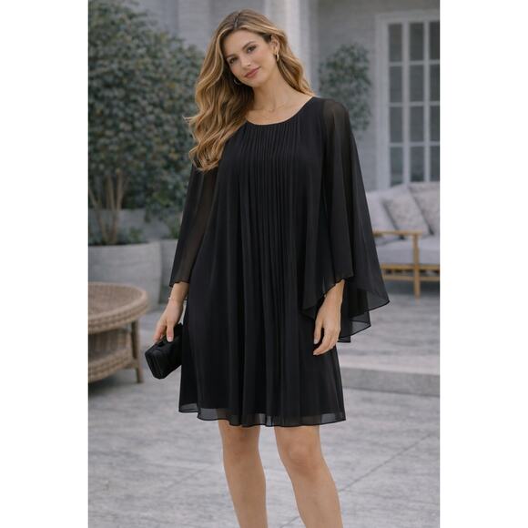 Alex Marie Dresses & Skirts - Alex Marie Black Pleated Chiffon Cape Dress Sheer Overlay Elegant Formal Size 14